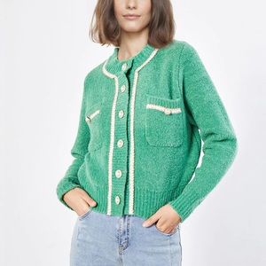 Contrast Trim Faux Pearl Button Green Cardigan
